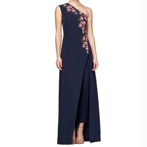 Kay Unger Navy One-Shoulder Floral Appliqué Jumpsuit